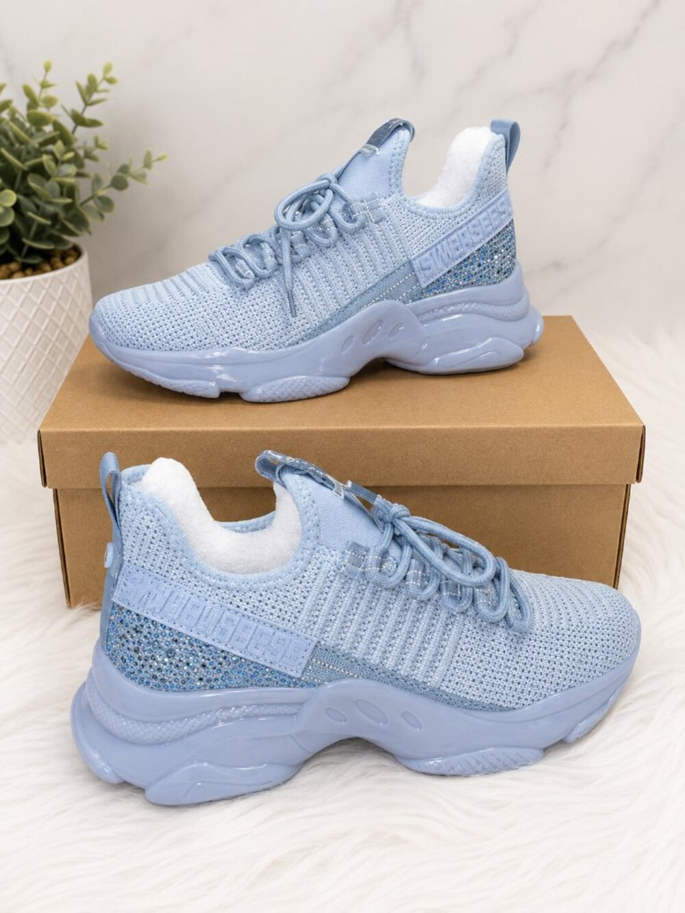 Women's Light Blue Rhinestone Chunky Sneakers Crystal Fashion Athletic Shoes - Picture 3 of 3